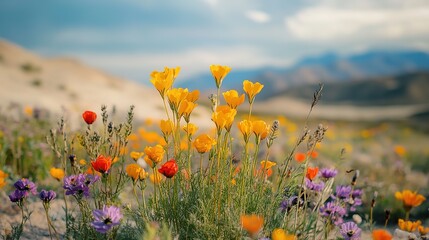 A detailed shot of desert wildflowers in bloom, with the focus on their vibrant colors against the stark desert background
