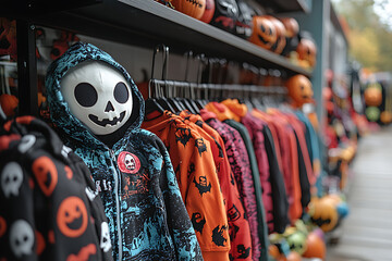 Boutique-style Halloween costume shop featuring kid-friendly ghost and vampire costumes. Displayed on racks and mannequins with bright colors, cute accessories, and modern twists on classics.
