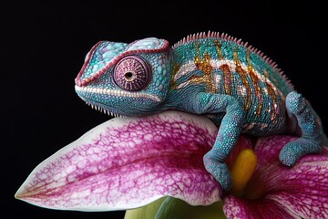 Obraz premium Vibrant Blue Chameleon on Pink Flower with Black Background