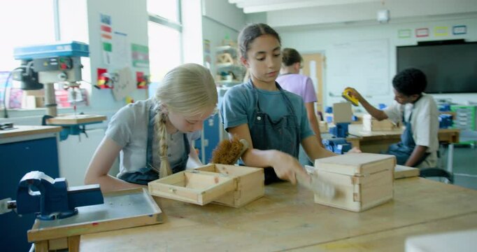 Group of Female Students in Woodworking Class