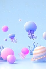 Fototapeta premium A 3D underwater universe with rounded planets and stars, featuring glowing jellyfish and sea creatures in pastel blues, purples, and pinks.