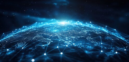Digital illustration of Earth with glowing network connections in a futuristic global technology concept