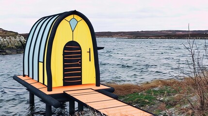 Colorful modern hut overlooking serene lake in natural setting.