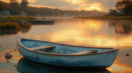 close-up of a hand-made white wooden sailboat floating peacefully in a tranquil Maine harbor. wooden hull and calm waters evoke the serene beauty of American coastal life and nautical tranquility