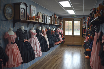 Fototapeta premium A boutique-style Halloween shop featuring modern children's costumes, specializing in ghosts, vampires, and other spooky-themed outfits for a stylish Halloween. 