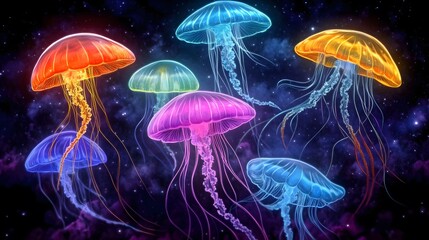 Fototapeta premium colorful magic jellyfish-mushroom world dark space background electric wallpaper