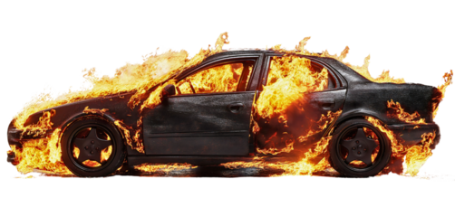 Car engulfed in fire isolated on transparent background, burning automobile with flames, emergency situation with engine, accident scene showing vehicle safety concerns, fiery auto transport disaster
