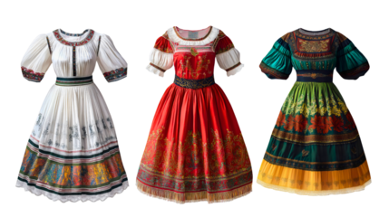 Folklore costume worn by woman or girl, traditional dress isolated on transparent background, vintage style culture attire, folk clothing set, whimsical Scandinavian outfit