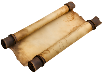 Paper scroll isolated on transparent background, ancient manuscript appearance, vintage parchment design, antique papyrus document, old historical roll with aged texture