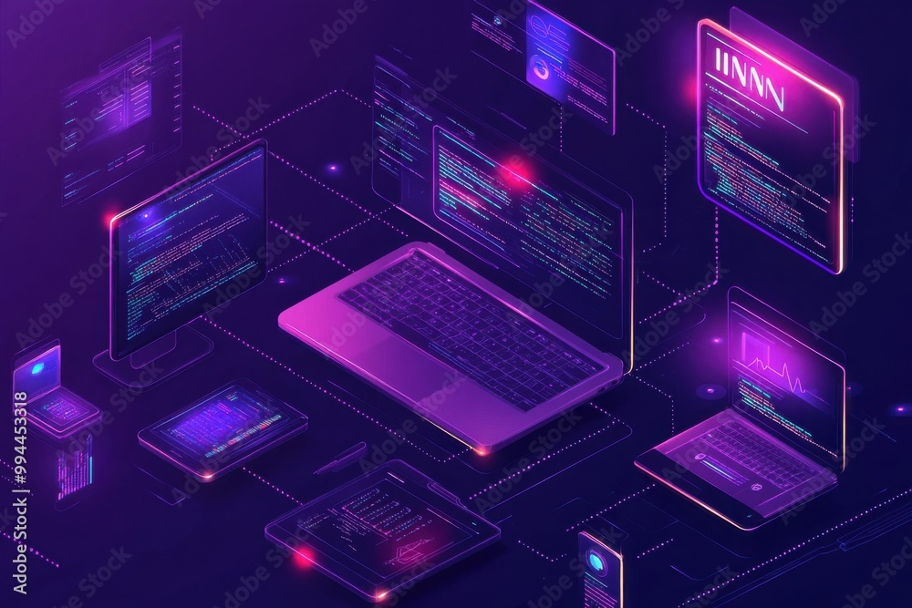 Poster futuristic digital illustration of web development with vibrant neon elements and coding interface
