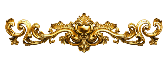 Golden ornament with vintage design, retro decorative element isolated, ornate classic curves, royal gold embellishment, antique style border on transparent background