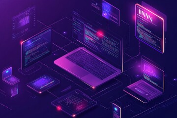 Futuristic digital illustration of web development with vibrant neon elements and coding interface