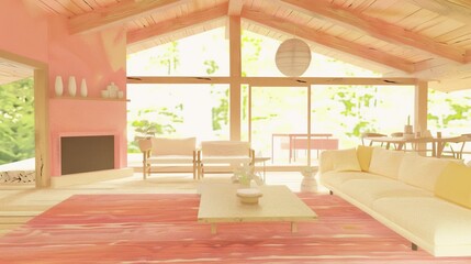 Spacious modern living room with pink interior and large windows.