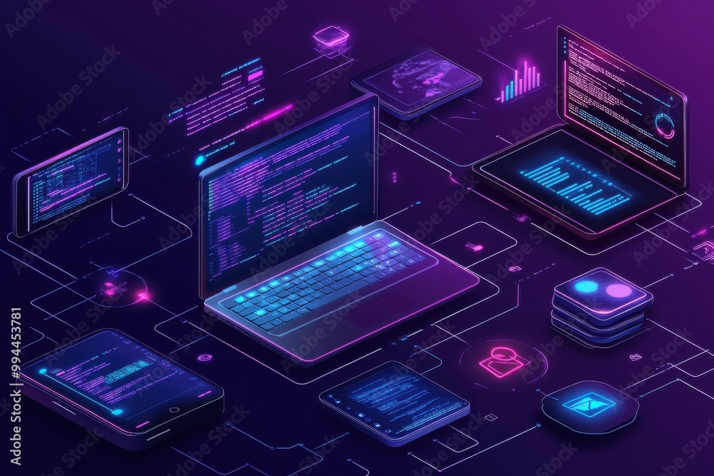 Poster futuristic digital illustration of web development with neon interface and multiple devices, highlig
