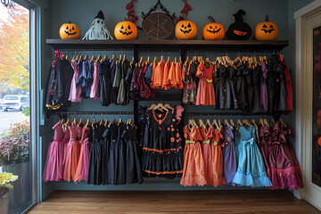 Boutique-style Halloween costume shop featuring kid-friendly ghost and vampire costumes. Displayed on racks and mannequins with bright colors, cute accessories, and modern twists on classics.
