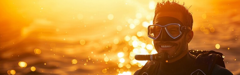 Man in a wetsuit with diving mask smiling at sunset with water reflections, Wide web banner. With copy space for text.