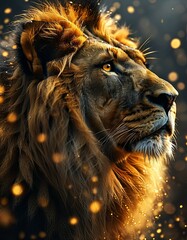 Naklejka premium the sand-colored proud profile of the lion king with golden sparks flying across his mane