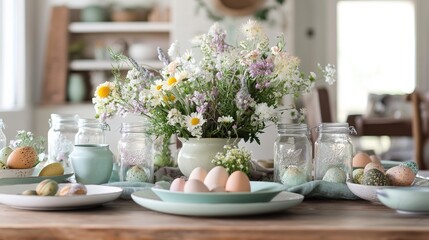 Fototapeta premium A farmhouse-style Easter table with vintage dishes, mason jars, and a centerpiece of wildflowers
