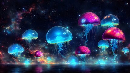 Fototapeta premium colorful magic jellyfish-mushroom world dark space background electric wallpaper