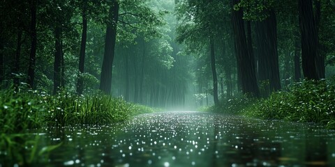 Obraz premium A peaceful green forest with a reflective puddle and misty air, featuring tall trees and soft sunlight filtering through the canopy in a tranquil landscape.