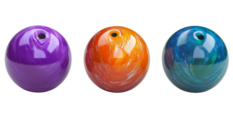 Set of three bowling balls isolated on transparent background, sport equipment for game play, sphere object used in competitive recreation, round circle shape for striking pins