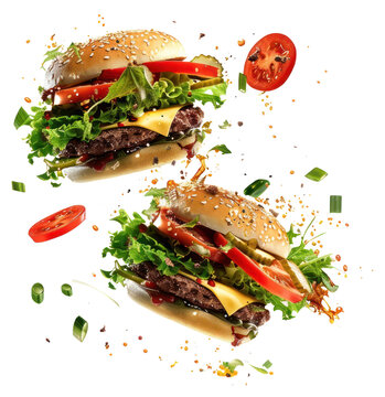 Naklejki PNG Exploding two burgers food explosion floating.