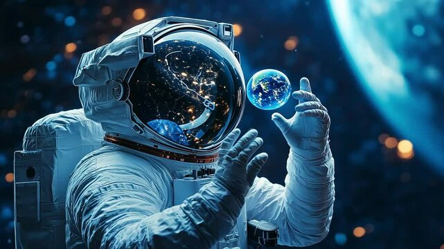 Astronaut playing with hologram of planet earth in outer space