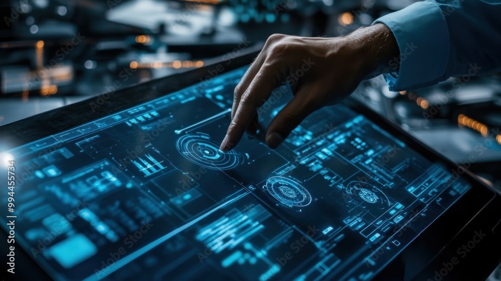 Poster Hand Interacting with a Futuristic Interface on a Touchscreen