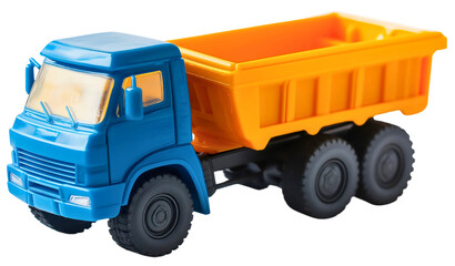 Plastic toy truck isolated on transparent background, miniature machine for child play, colorful vehicle model for kids, transportation object, industrial lorry replica