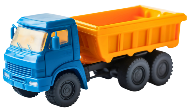 Plastic toy truck isolated on transparent background, miniature machine for child play, colorful vehicle model for kids, transportation object, industrial lorry replica