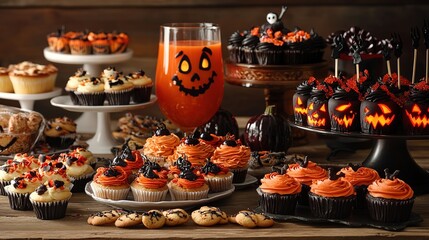 A festive Halloween party spread with a variety of creative and spooky treats, including cupcakes, cookies, and punch