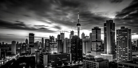 city skyline, black and white cityscape no people, modern city, skyscrapers silhouettes
