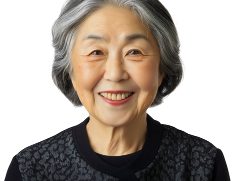 Smiling senior old woman portrait, happy Asian lady in her 60s, Japanese elderly female isolated on transparent background, mature businesswoman with joyful expression