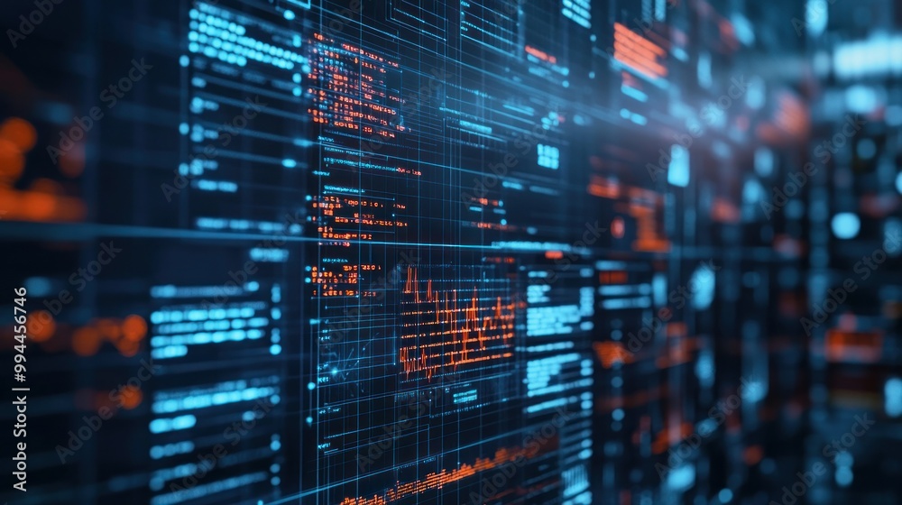 Poster Close-up of a computer screen displaying lines of blue and orange code, with a blurred background.