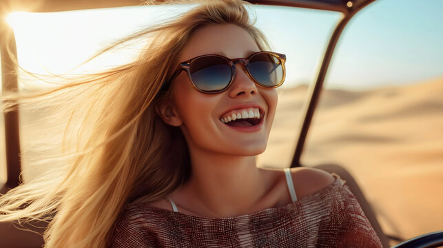 Woman driving buggy through desert landscape, adventure sport activity in sandy terrain, fun and action packed off road riding experience, outdoor tourism thrill