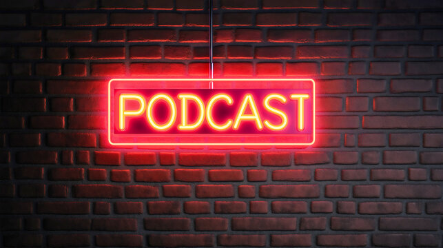 Podcast neon sign illuminating brick wall, glowing text banner for night show, radio style illuminated logo, music broadcast symbol in neon lights