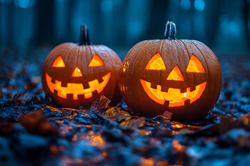Fototapeta premium A carved Jack-o'-lantern illuminated in a misty, eerie Halloween setting, surrounded by pumpkins and autumn leaves in front of a haunted house. 