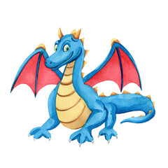 Blue dragon with red wings. Watercolor illustration on white background. For baby shower design, postcard, wrapping, invitations, cards, posters