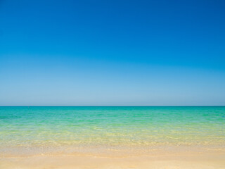Obraz premium Beautiful horizon landscape summer season panorama front view point tropical sea beach white sand clean and blue sky background calm nature ocean wave water travel at Sai Kaew Beach thailand holiday
