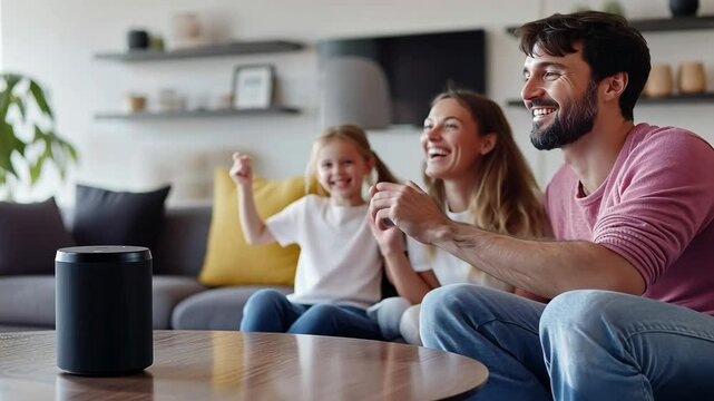 Family is laughing and having fun while using a smart speaker in their living room