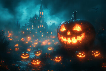 Naklejka premium several illuminated Jack-o'-lanterns glow with fiery light in a dark, spooky Halloween scene, surrounded by flying bats and burning embers