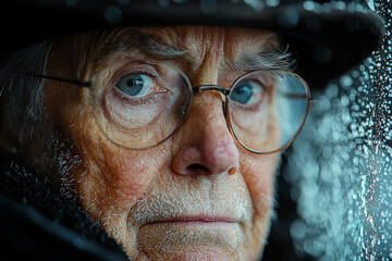 An elderly person looking at a photograph of their younger self, reflecting on the years gone by. Concept of aging.