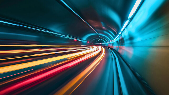 Fototapeta Tunnel with car speeding through, blurred motion creating abstract light trails, fast night traffic on illuminated road, blue tinted urban transportation scene