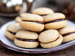 Baci di Dama cookies. Italian Piedmont sandwich biscuit consisting of two hazelnut biscuits joined together by a chocolate filling.