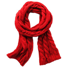 Classic Red Winter Scarf Knitted With Delicate Workmanship. Isolated on a Transparent Background. Cutout PNG.
