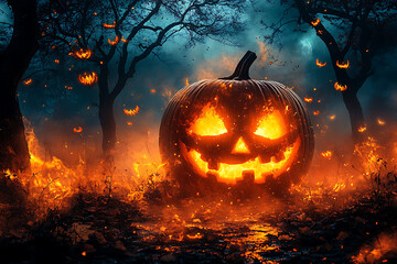 Naklejka premium A carved Jack-o'-lantern illuminated in a misty, eerie Halloween setting, surrounded by pumpkins and autumn leaves in front of a haunted house. 