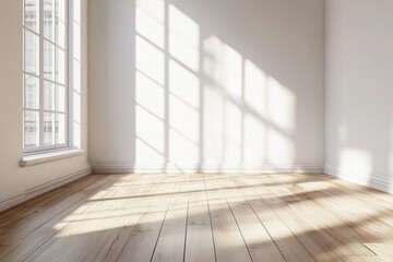 Fototapeta premium Modern wooden living room with white walls, empty light white wall background, wooden floors, large window, beautiful light. Mock up