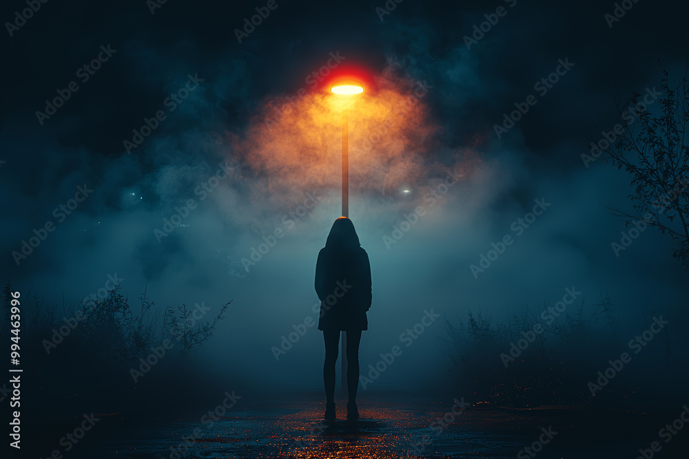 Wall mural a person standing under a streetlight at night, surrounded by darkness but illuminated in a small ci