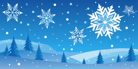 A picturesque winter landscape with falling snowflakes, a snow-covered forest, and rolling hills. This charming scene evokes a sense of tranquility and wonder, perfect for holiday-themed projects.