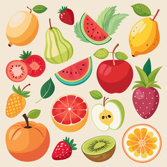 A vibrant illustration of a variety of fresh fruits, including watermelon, apples, strawberries, lemons, kiwi, and more.